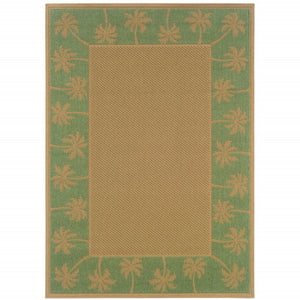 HomeRoots 9' Indoor Outdoor Area Rug - Stain Resistant, Durable, Low Profile Design with Elegant Palm Border Beige/ Green 8'6" x 13' 507642