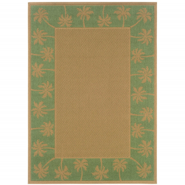 HomeRoots 9' Indoor Outdoor Area Rug - Stain Resistant, Durable, Low Profile Design with Elegant Palm Border Beige/ Green 8'6" x 13' 507642