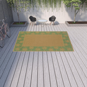 HomeRoots 9' Indoor Outdoor Area Rug - Stain Resistant, Durable, Low Profile Design with Elegant Palm Border Beige/ Green 8'6" x 13' 507642