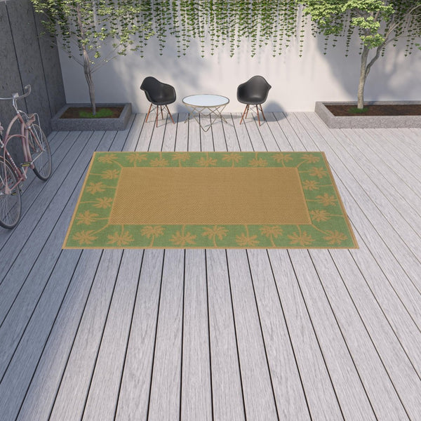 HomeRoots 9' Indoor Outdoor Area Rug - Stain Resistant, Durable, Low Profile Design with Elegant Palm Border Beige/ Green 8'6" x 13' 507642