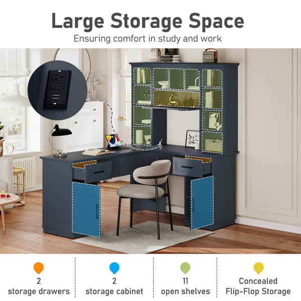 English Elm L-Shaped Corner Desk with 3 Cabinets, 2 Drawers & 11 Shelves, Built-In Power Outlet for Home Office Antique Blue W1580S00190