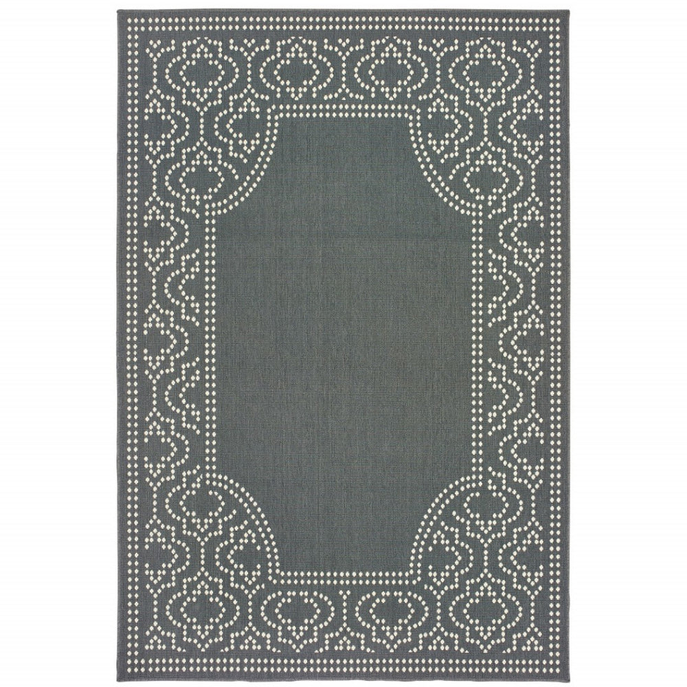 HomeRoots 5' Indoor Outdoor Area Rug - Durable, Stain-Resistant, Classic Border Design for Stylish Spaces Grey/ Ivory 5'3" x 7'6" 507689