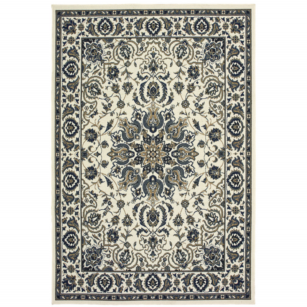 Homeroots 4' X 6' Ivory And Blue Oriental Stain Resistant Area Rug - Perfect For Indoor & Outdoor Spaces! 3'7" X 5'6" Polypropylene 507697