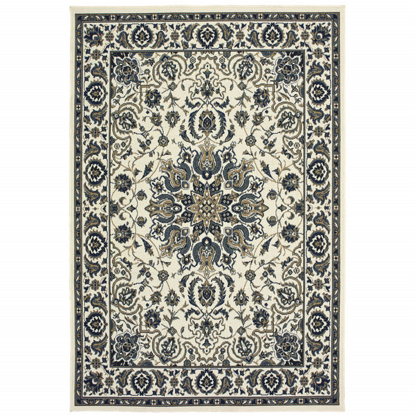 Homeroots 4' X 6' Ivory And Blue Oriental Stain Resistant Area Rug - Perfect For Indoor & Outdoor Spaces! 3'7" X 5'6" Polypropylene 507697
