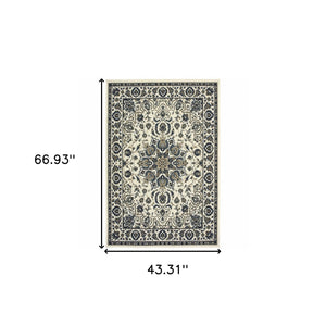Homeroots 4' X 6' Ivory And Blue Oriental Stain Resistant Area Rug - Perfect For Indoor & Outdoor Spaces! 3'7" X 5'6" Polypropylene 507697