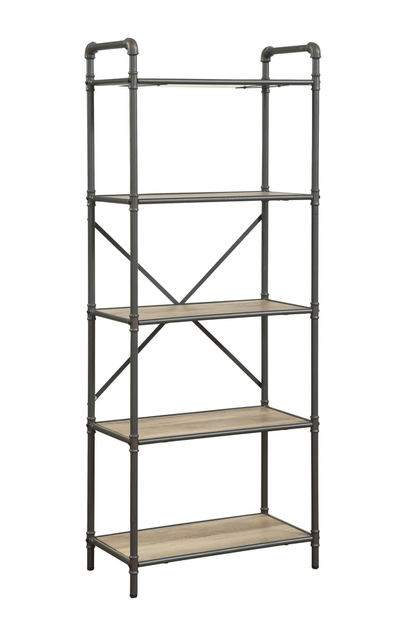English Elm Itzel Industrial Antique Oak & Sandy Gray Bookshelf – 5-Shelf Open-Frame Metal Frame, Rustic Modern Design B2726P270522