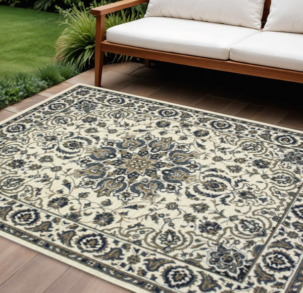 HomeRoots 5' Ivory and Blue Oriental Area Rug - Stain Resistant, Elegant Design for Indoor and Outdoor Spaces 8'6" x 13' 507701