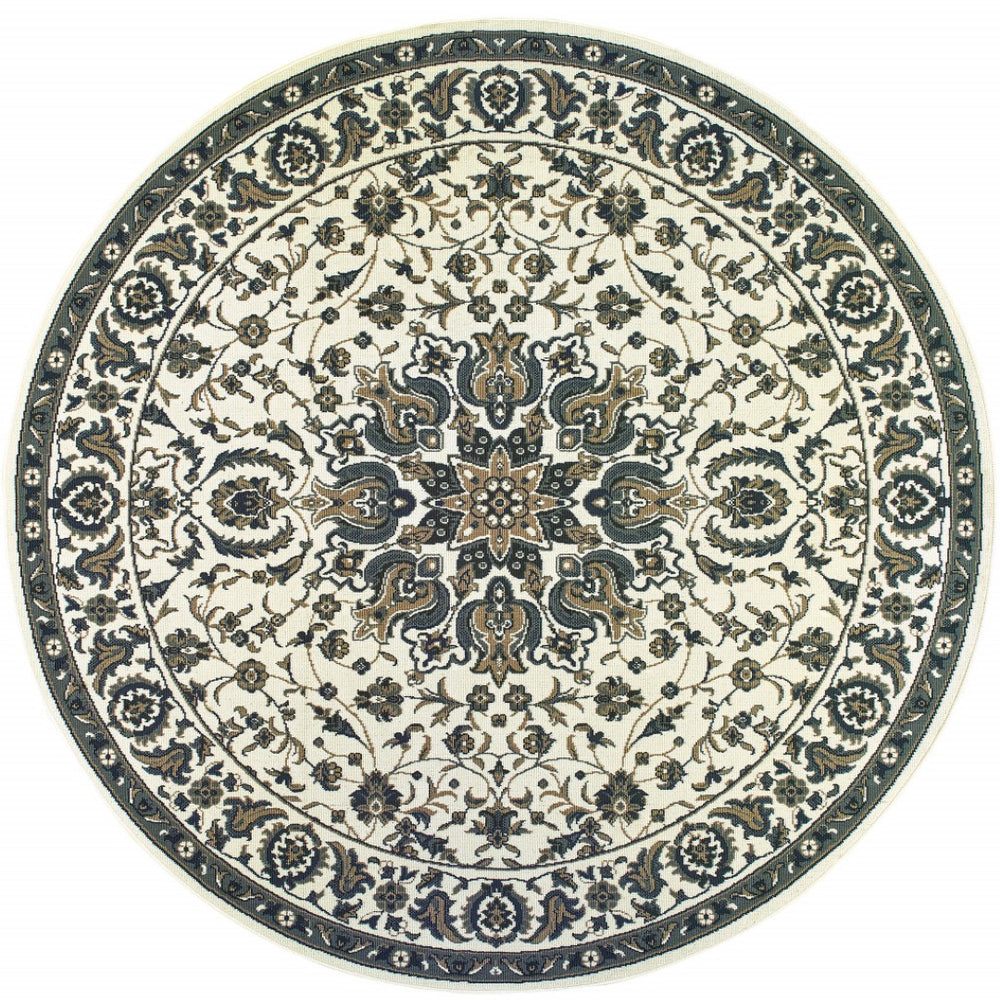 HomeRoots 5' Ivory and Blue Oriental Area Rug - Stain Resistant, Elegant Design for Indoor and Outdoor Spaces 7'10" Round 507702