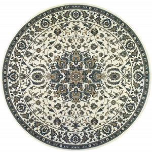 Homeroots 8' X 8' Ivory And Blue Round Oriental Stain Resistant Indoor Outdoor Area Rug  Polypropylene 507702