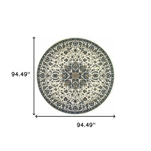 Homeroots 8' X 8' Ivory And Blue Round Oriental Stain Resistant Indoor Outdoor Area Rug  Polypropylene 507702
