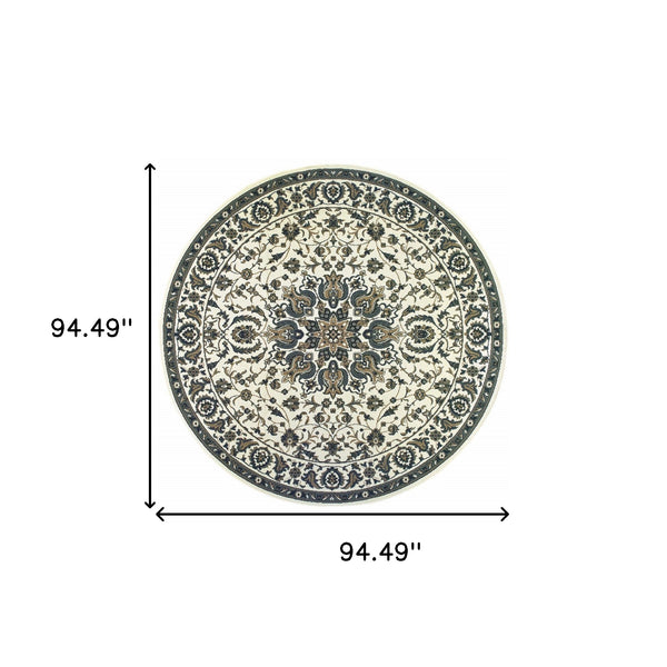 Homeroots 8' X 8' Ivory And Blue Round Oriental Stain Resistant Indoor Outdoor Area Rug  Polypropylene 507702