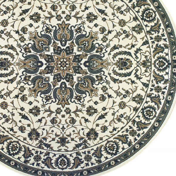 Homeroots 8' X 8' Ivory And Blue Round Oriental Stain Resistant Indoor Outdoor Area Rug  Polypropylene 507702