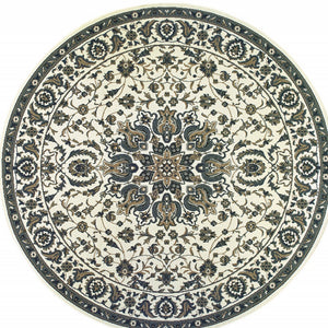 Homeroots 8' X 8' Ivory And Blue Round Oriental Stain Resistant Indoor Outdoor Area Rug  Polypropylene 507702