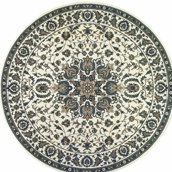 Homeroots 8' X 8' Ivory And Blue Round Oriental Stain Resistant Indoor Outdoor Area Rug  Polypropylene 507702