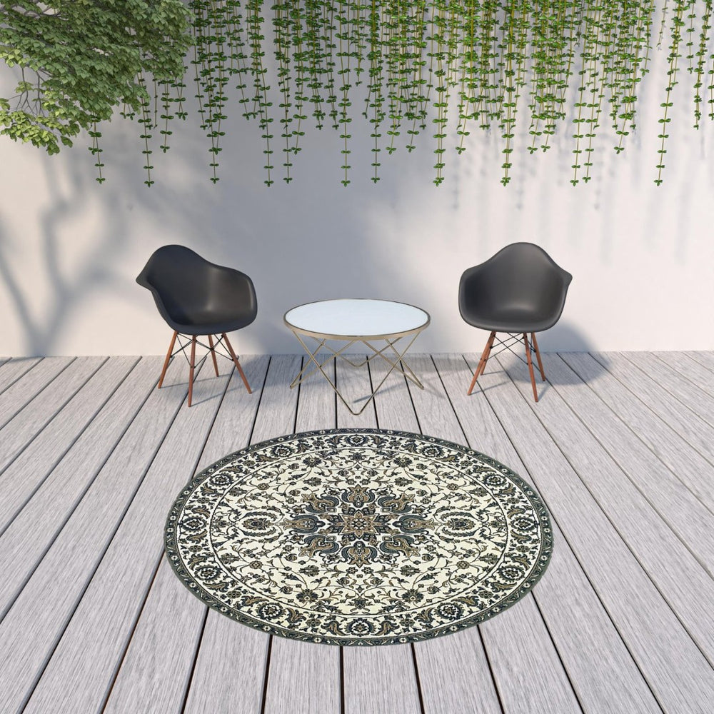 HomeRoots 5' Ivory and Blue Oriental Area Rug - Stain Resistant, Elegant Design for Indoor and Outdoor Spaces 7'10" Round 507702