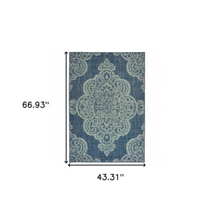 Homeroots 4' Blue Oriental Stain Resistant Area Rug - Stylish Indoor/Outdoor Rectangle For Kids & Pets Navy,Grey Polypropylene 507706