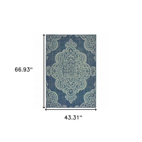 Homeroots 4' Blue Oriental Stain Resistant Area Rug - Stylish Indoor/Outdoor Rectangle For Kids & Pets Navy,Grey Polypropylene 507706
