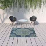 Homeroots 5' X 8' Blue Oriental Stain Resistant Indoor Outdoor Area Rug Navy,Grey Polypropylene 507707