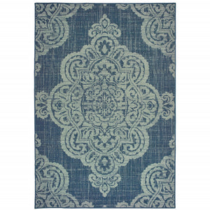 Homeroots 7' X 10' Blue Oriental Stain Resistant Indoor Outdoor Area Rug Navy,Grey Polypropylene 507708