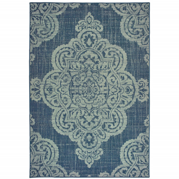 Homeroots 7' X 10' Blue Oriental Stain Resistant Indoor Outdoor Area Rug Navy,Grey Polypropylene 507708