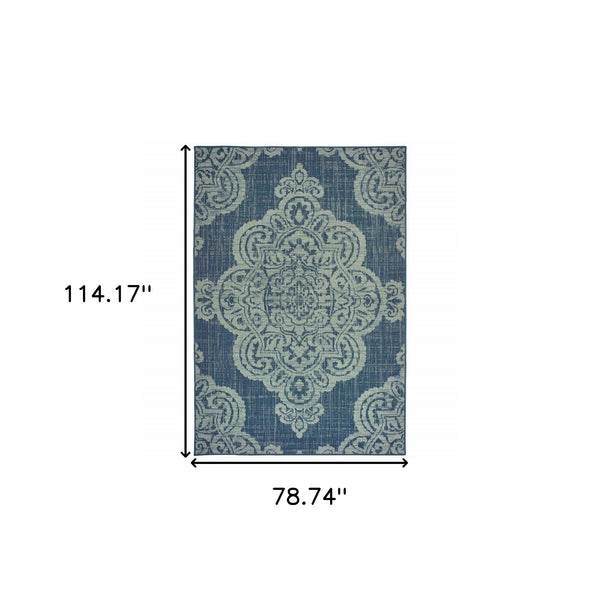 Homeroots 7' X 10' Blue Oriental Stain Resistant Indoor Outdoor Area Rug Navy,Grey Polypropylene 507708