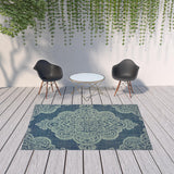 Homeroots 7' X 10' Blue Oriental Stain Resistant Indoor Outdoor Area Rug Navy,Grey Polypropylene 507708