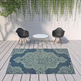 Homeroots 8' X 11' Blue Oriental Stain Resistant Indoor Outdoor Area Rug Navy,Grey Polypropylene 507709