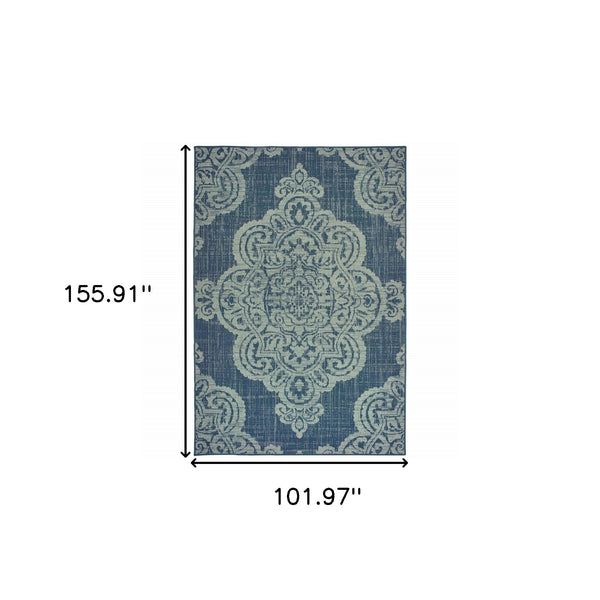 Homeroots 9' X 13' Blue Oriental Stain Resistant Indoor Outdoor Area Rug Navy,Grey Polypropylene 507710