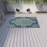 Homeroots 9' X 13' Blue Oriental Stain Resistant Indoor Outdoor Area Rug Navy,Grey Polypropylene 507710