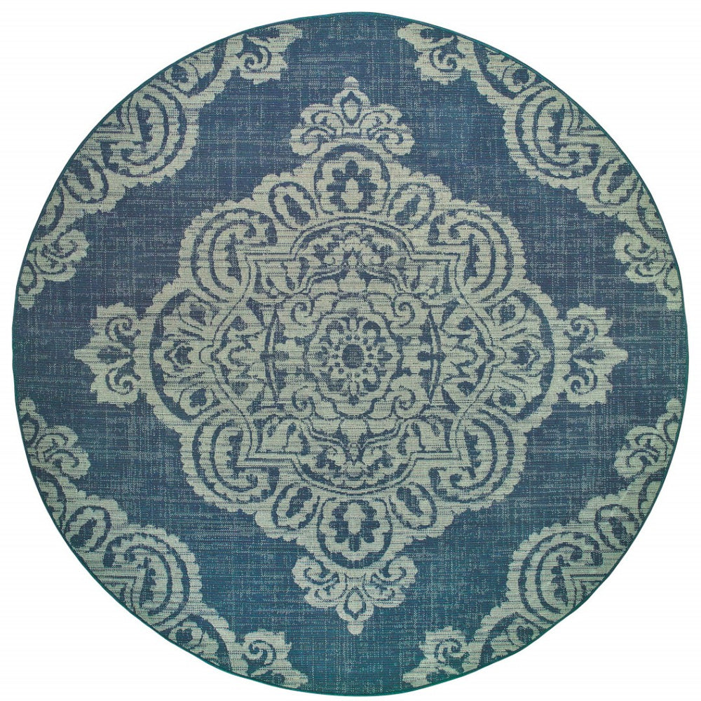 HomeRoots 5' Blue Oriental Area Rug - Timeless Elegance with Stain Resistance for Indoor and Outdoor Use Navy/ Grey 7'10" Round 507711