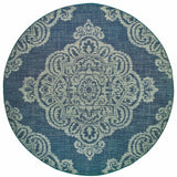 Homeroots 8' X 8' Blue Round Oriental Stain Resistant Indoor Outdoor Area Rug Navy,Grey Polypropylene 507711