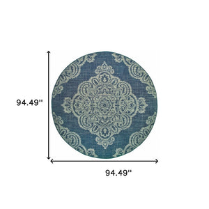 HomeRoots 5' Blue Oriental Area Rug - Timeless Elegance with Stain Resistance for Indoor and Outdoor Use Navy/ Grey 7'10" Round 507711