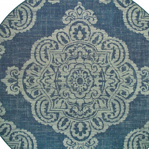 Homeroots 8' X 8' Blue Round Oriental Stain Resistant Indoor Outdoor Area Rug Navy,Grey Polypropylene 507711