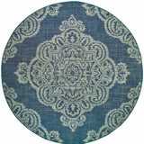 Homeroots 8' X 8' Blue Round Oriental Stain Resistant Indoor Outdoor Area Rug Navy,Grey Polypropylene 507711