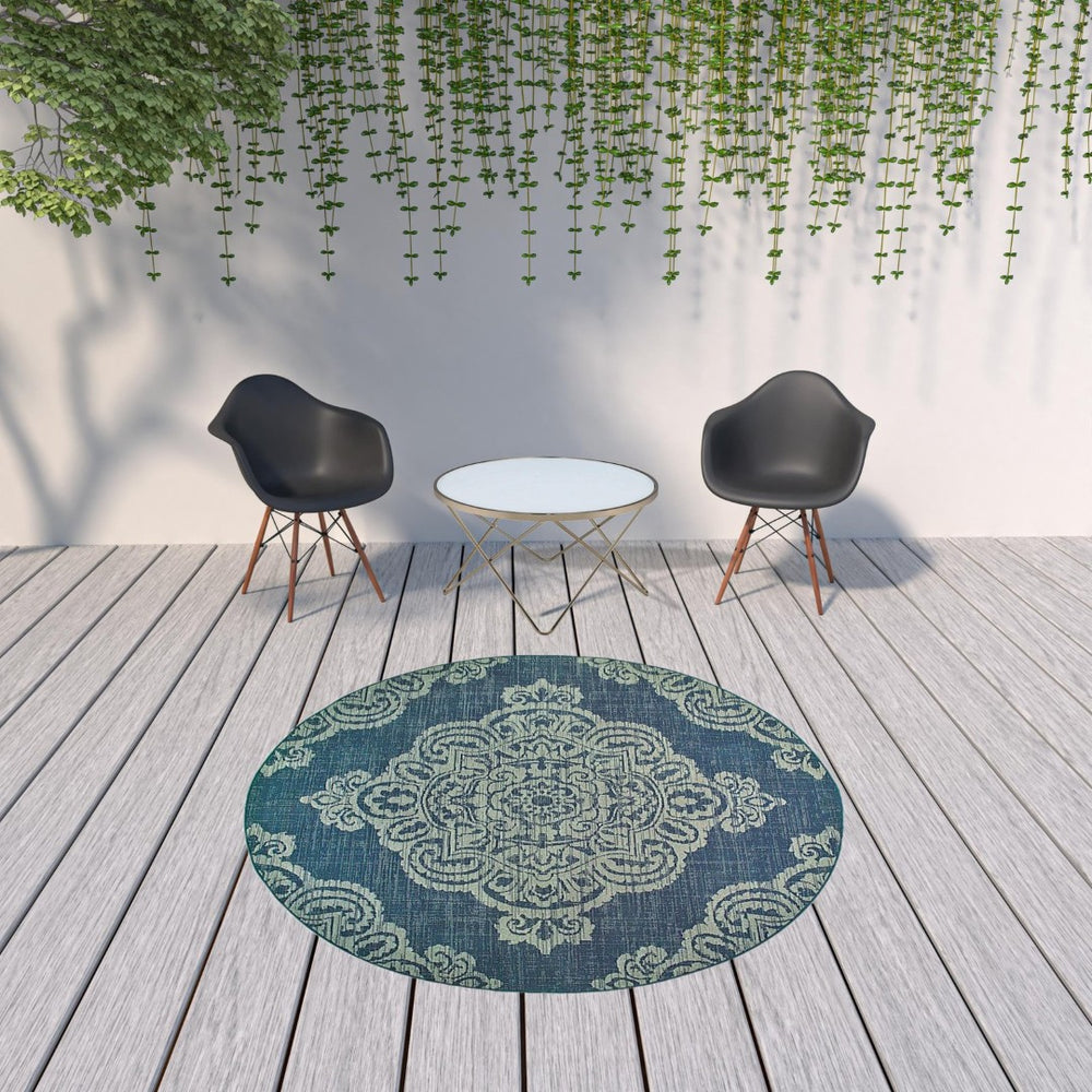 HomeRoots 5' Blue Oriental Area Rug - Timeless Elegance with Stain Resistance for Indoor and Outdoor Use Navy/ Grey 7'10" Round 507711