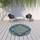 Homeroots 8' X 8' Blue Round Oriental Stain Resistant Indoor Outdoor Area Rug Navy,Grey Polypropylene 507711