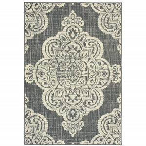 Homeroots 4' Blue Oriental Stain Resistant Area Rug - Stylish Indoor/Outdoor Rectangle For Kids & Pets Grey,Ivory Polypropylene 507715