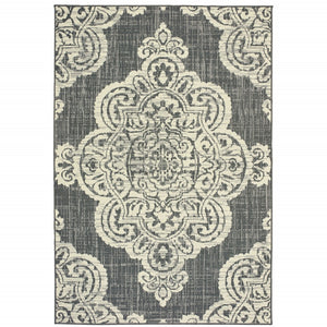 HomeRoots 5' Blue Oriental Area Rug - Timeless Elegance with Stain Resistance for Indoor and Outdoor Use Grey/ Ivory 5'3" x 7'6" 507716
