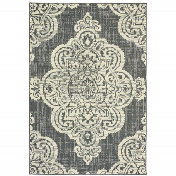 HomeRoots 5' Blue Oriental Area Rug - Timeless Elegance with Stain Resistance for Indoor and Outdoor Use Grey/ Ivory 5'3" x 7'6" 507716