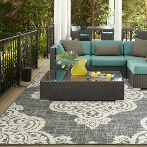 HomeRoots 5' Blue Oriental Area Rug - Timeless Elegance with Stain Resistance for Indoor and Outdoor Use Grey/ Ivory 5'3" x 7'6" 507716