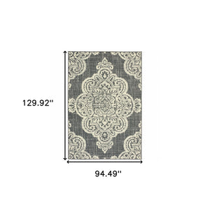 Homeroots 8' X 11' Gray And Ivory Oriental Stain Resistant Indoor Outdoor Area Rug Grey,Ivory Polypropylene 507718
