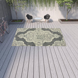 Homeroots 9' X 13' Gray And Ivory Oriental Stain Resistant Indoor Outdoor Area Rug Grey,Ivory Polypropylene 507719