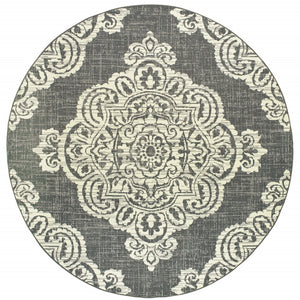 HomeRoots 5' Blue Oriental Area Rug - Timeless Elegance with Stain Resistance for Indoor and Outdoor Use Grey/ Ivory 7'10" Round 507720