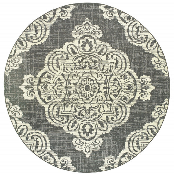 HomeRoots 5' Blue Oriental Area Rug - Timeless Elegance with Stain Resistance for Indoor and Outdoor Use Grey/ Ivory 7'10" Round 507720