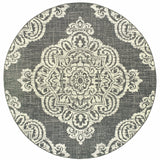 Homeroots 8' X 8' Gray And Ivory Round Oriental Stain Resistant Indoor Outdoor Area Rug Grey,Ivory Polypropylene 507720