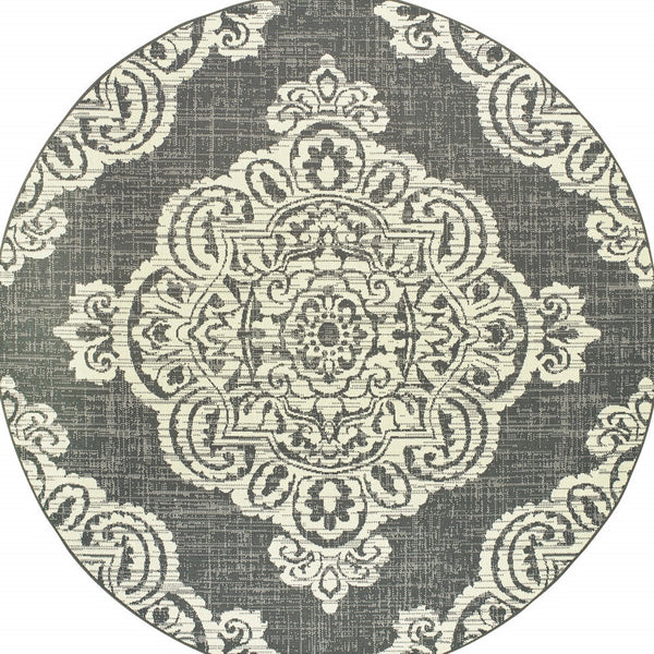 Homeroots 8' X 8' Gray And Ivory Round Oriental Stain Resistant Indoor Outdoor Area Rug Grey,Ivory Polypropylene 507720