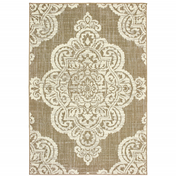 Homeroots 4' Blue Oriental Stain Resistant Area Rug - Stylish Indoor/Outdoor Rectangle For Kids & Pets Tan,Ivory Polypropylene 507724