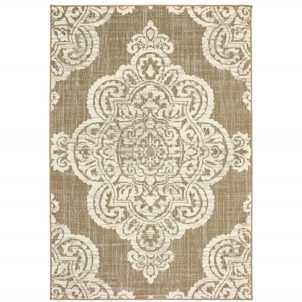 Homeroots 5' X 8' Tan Oriental Stain Resistant Indoor Outdoor Area Rug Tan,Ivory Polypropylene 507725