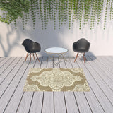 Homeroots 5' X 8' Tan Oriental Stain Resistant Indoor Outdoor Area Rug Tan,Ivory Polypropylene 507725