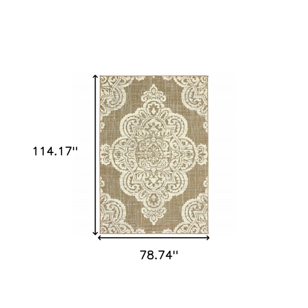 Homeroots 7' X 10' Tan Oriental Stain Resistant Indoor Outdoor Area Rug Tan,Ivory Polypropylene 507726